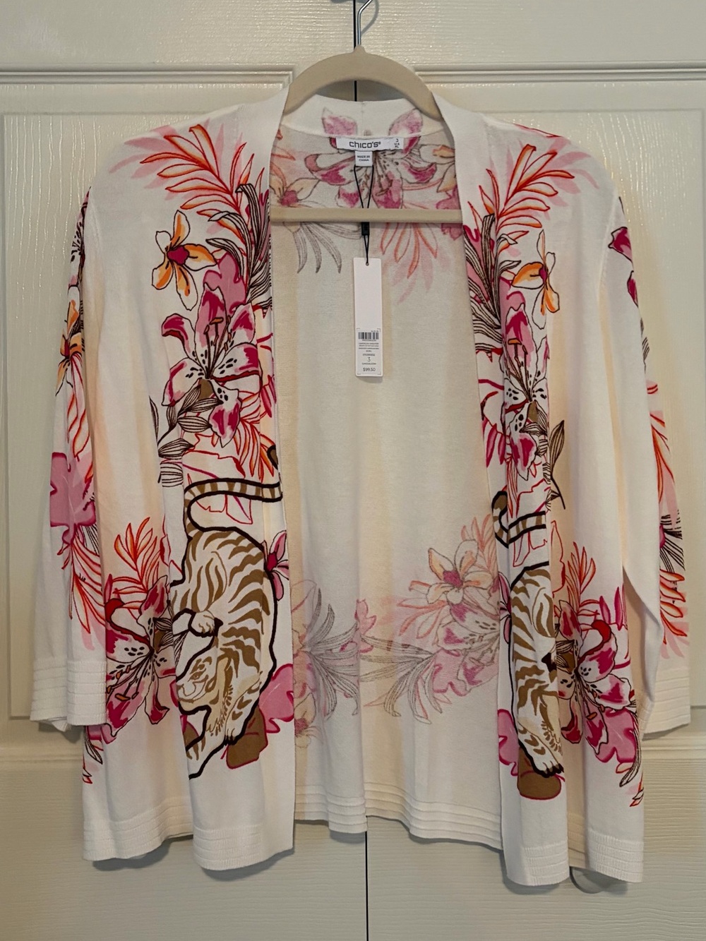 Chico's Size 3 Cream Floral & Tiger Print Open-Front Spring/Summer Cardigan